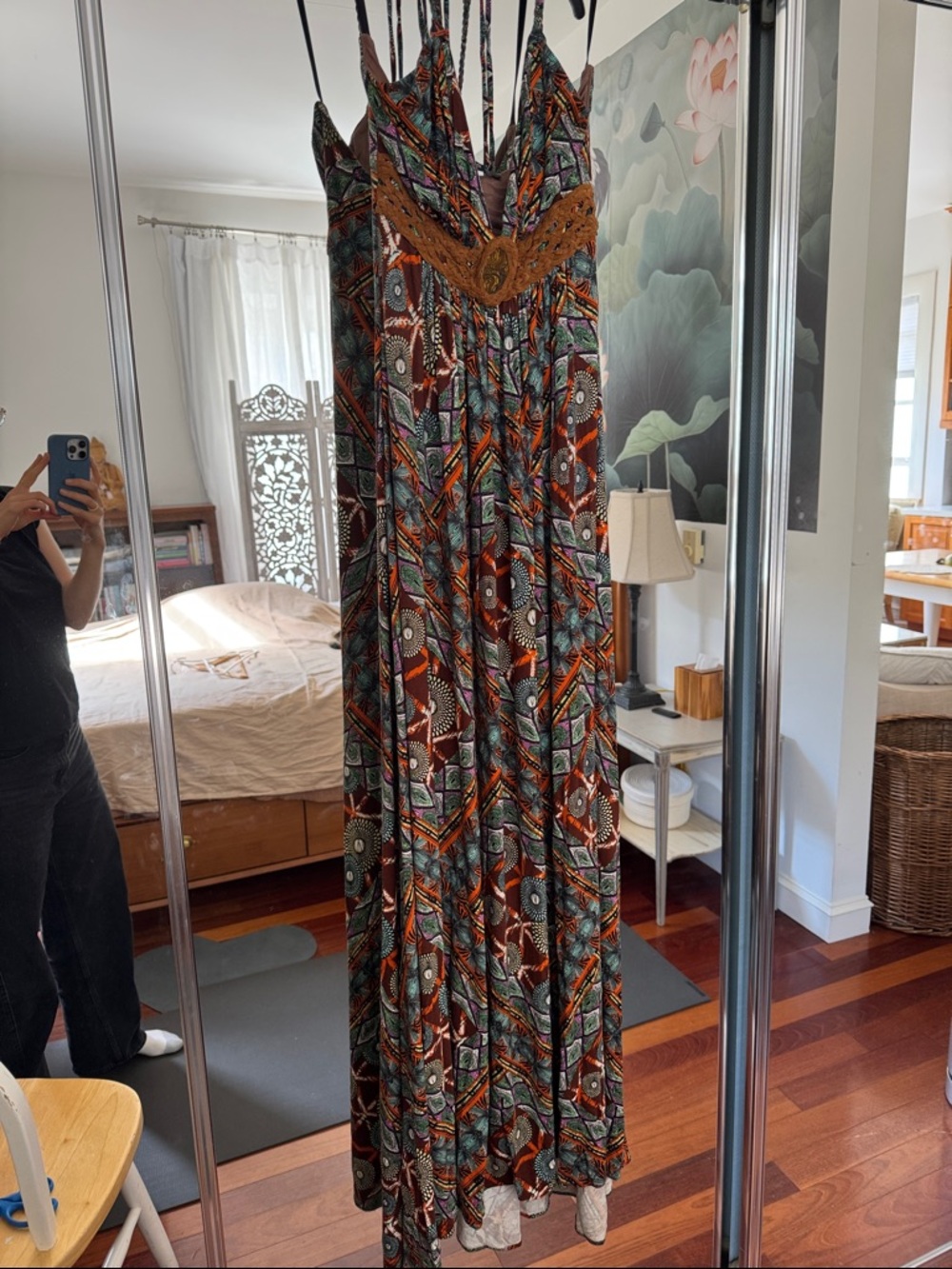 Sky Bohemian Printed Maxi Dress with Leather Crochet Waist and Tigers eye stone